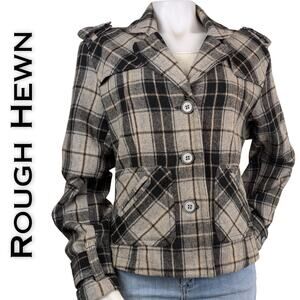Rough Hewn Jacket Peacoat XL Black Gray Tan Plaid Wool Blend Button Cabincore